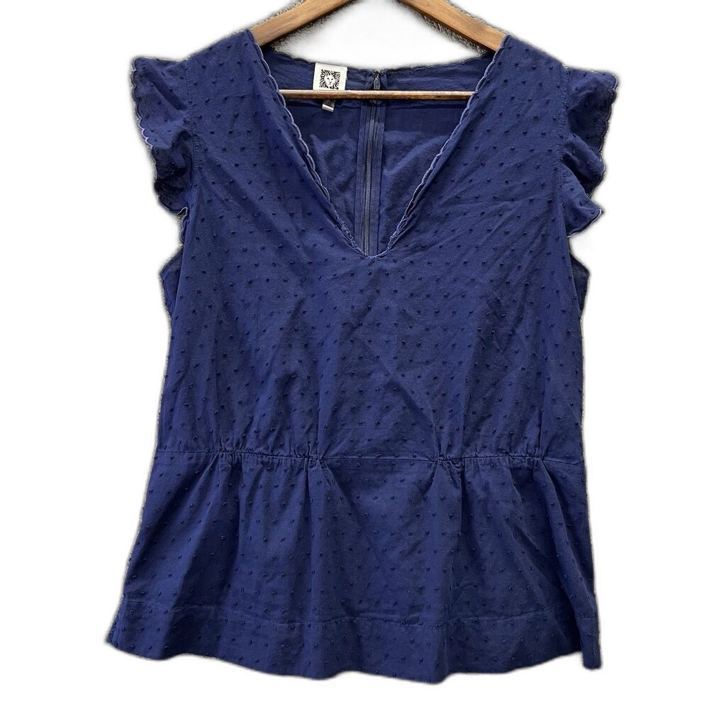 Anne Klein Swiss Dot Navy Blue Cotton Blouse With Cinch Waist Sz 10